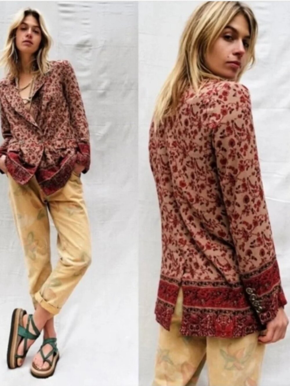 Free People Bellflower Blazer Floral Linen Blend Jacket Tobacco Combo Womens XS